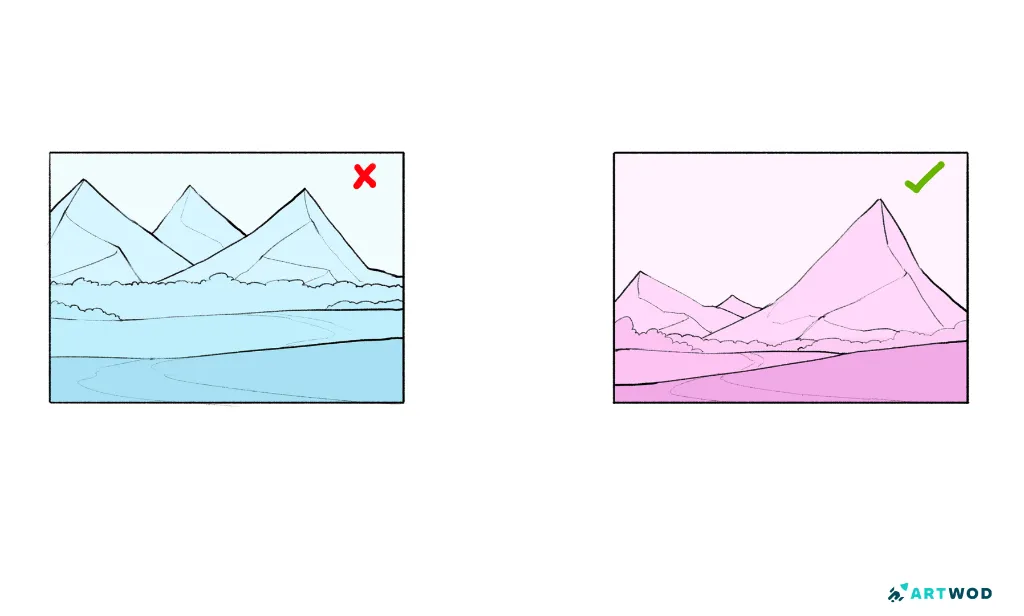 En example on how to structure your composition - don't use the same size for everything (ex.1), use different sizes and overlaps (ex.2) to make environment art look more organic
