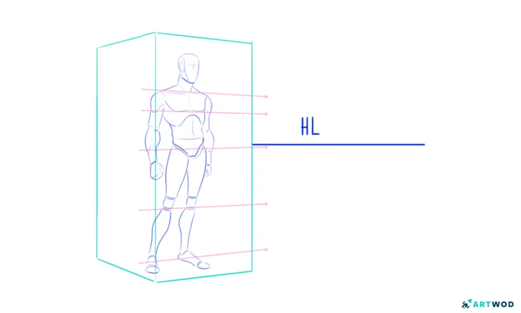 Digital 2d drawing - male figure inside the box, perspective lines established and highlighted. Horizontal line established. The Artwod figure drawing method.