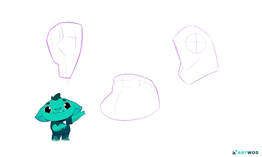 Digital 2d Drawing of shapes in pink pencil, practical exercise for students. Artwod Mascott Woddy (little green creature) on the left indicating the shapes.