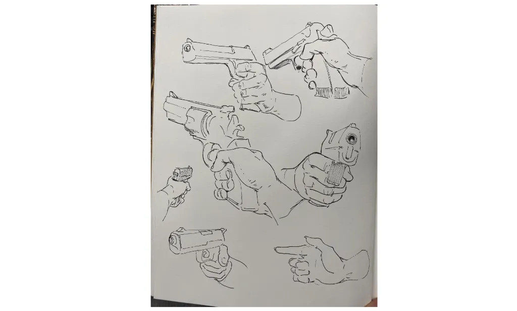 Skizzenbuchseite voller Hände, die Pistolen halten, traditionelles Kunstwerk mit schwarzem Stift, von Antonio Stappaerts
