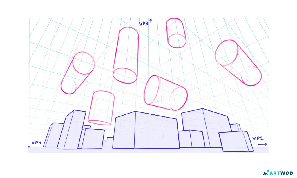 Boxen und Zylinder in 3-Punkt-Perspektive, Raster. Digitale 2D-Zeichnungen