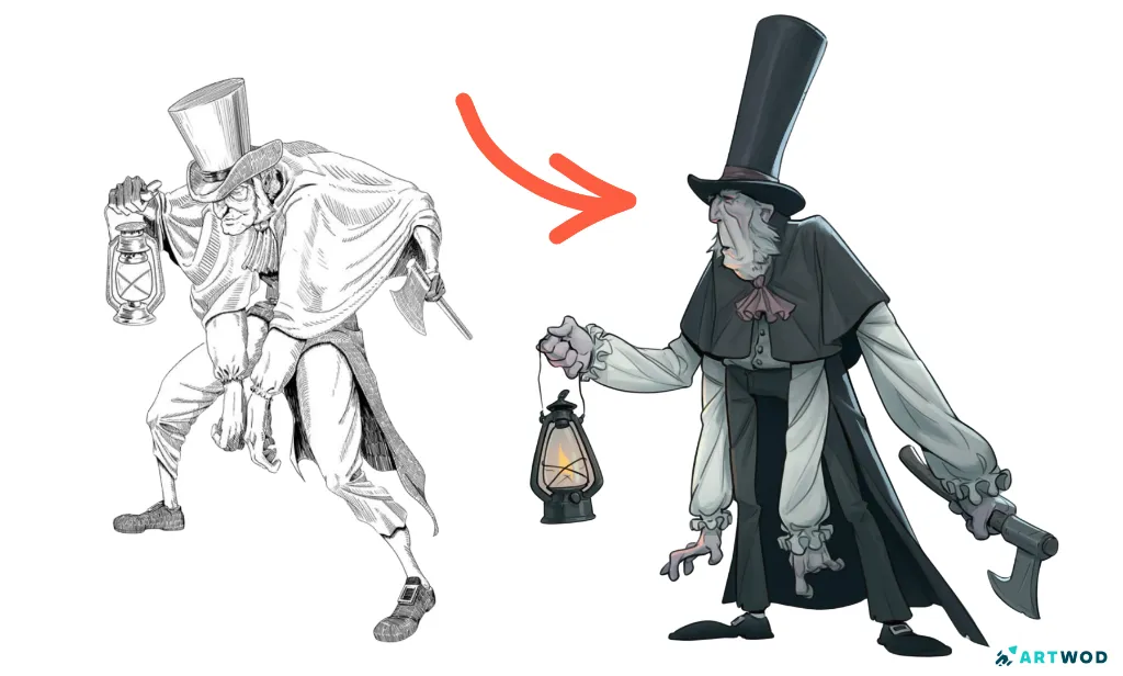 Vorher/Nachher-Transformation von Axel Van Nederkassel. Ein viktorianischer Mann mit 4 Armen, Axt und Lampe. 2 digitale Versionen nebeneinander.