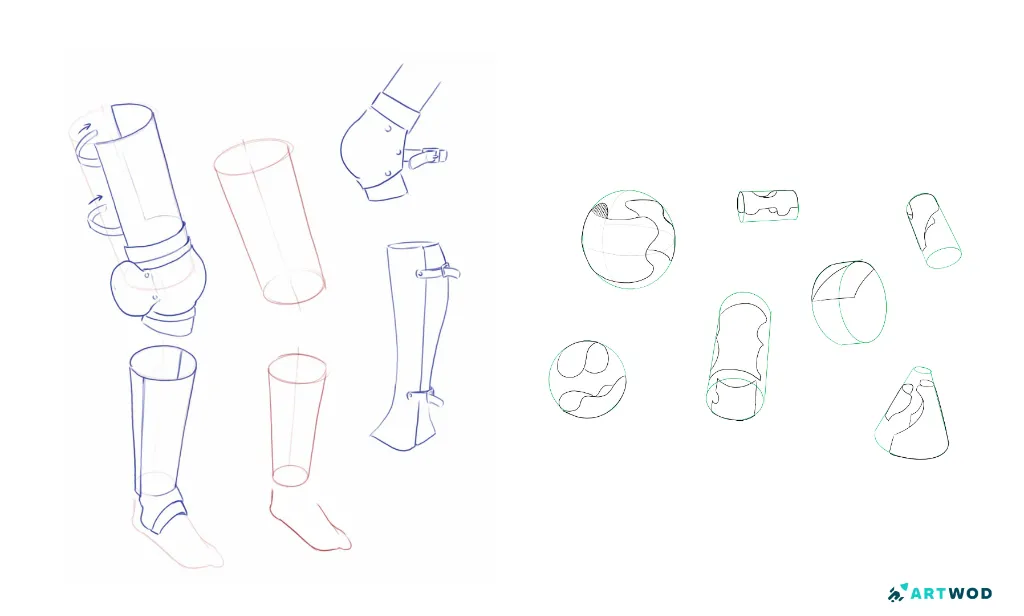 Sketches of armor wrapping around the form - leg armor, knee armor, different plates.