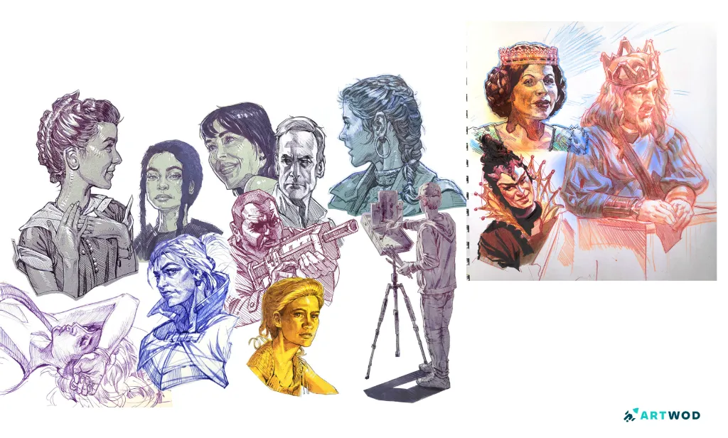 2 Skizzenbuchseiten von Rembert Montald, Gesichter, Portrait, König und 2 Königinnen, schöne bunte traditionelle Zeichnungen.