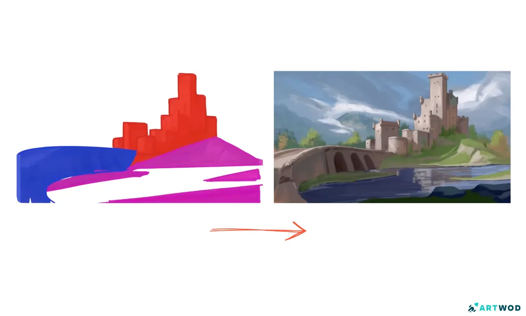 primitive shape design and final castle and bridge painting by Fosco (digital 2d painting)