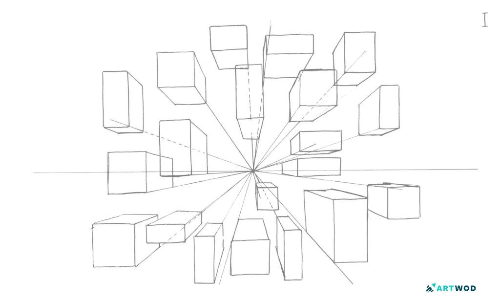 Student submission - boxes in 1 point perspective in digital 2d.