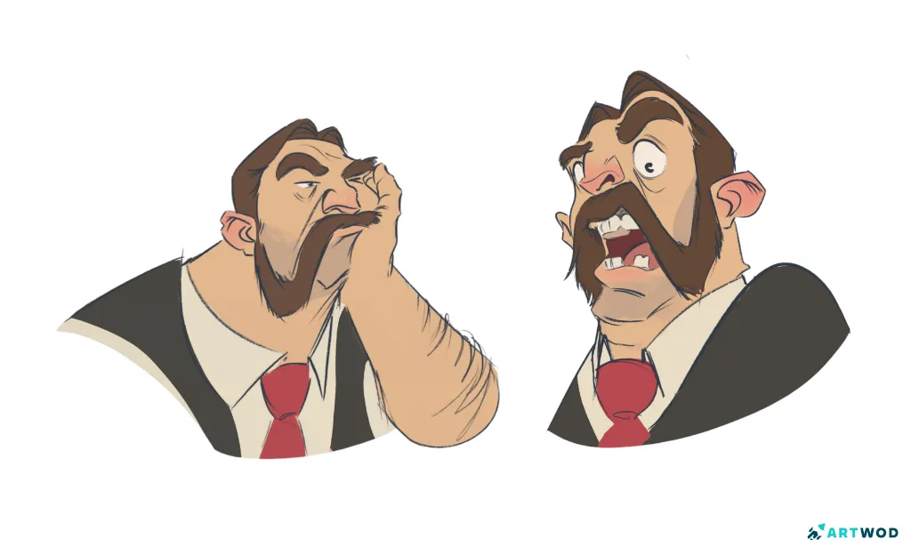 Character portraits by Antonio Stappaerts, a man with moustache wearing a black vest and a red tie, bored and angry expressions, digital 2d art