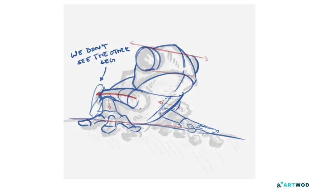 Feedback drawover of a frog. Art feedback indicates problems with construstion. "We don't see the other leg" says the critique