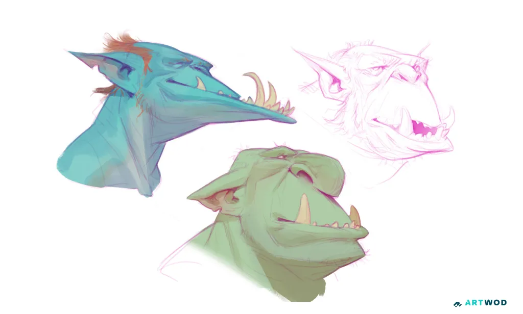 Ogre portraits by Axel Van Nederkassel, 3 portraits, 2 in color 1 in lineart only. Pink lineart, blue and green ogres.