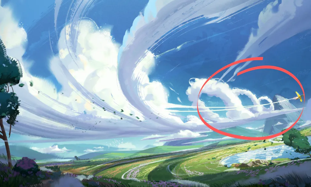 Environment 2d drawing, colorful valley with sky and clouds. Background highlighted