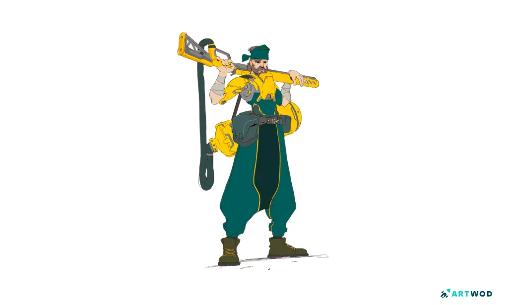 Flat colors Sketch by Antonio Stappaerts, a man with a big gun, cyberpunk. Digital 2d art.