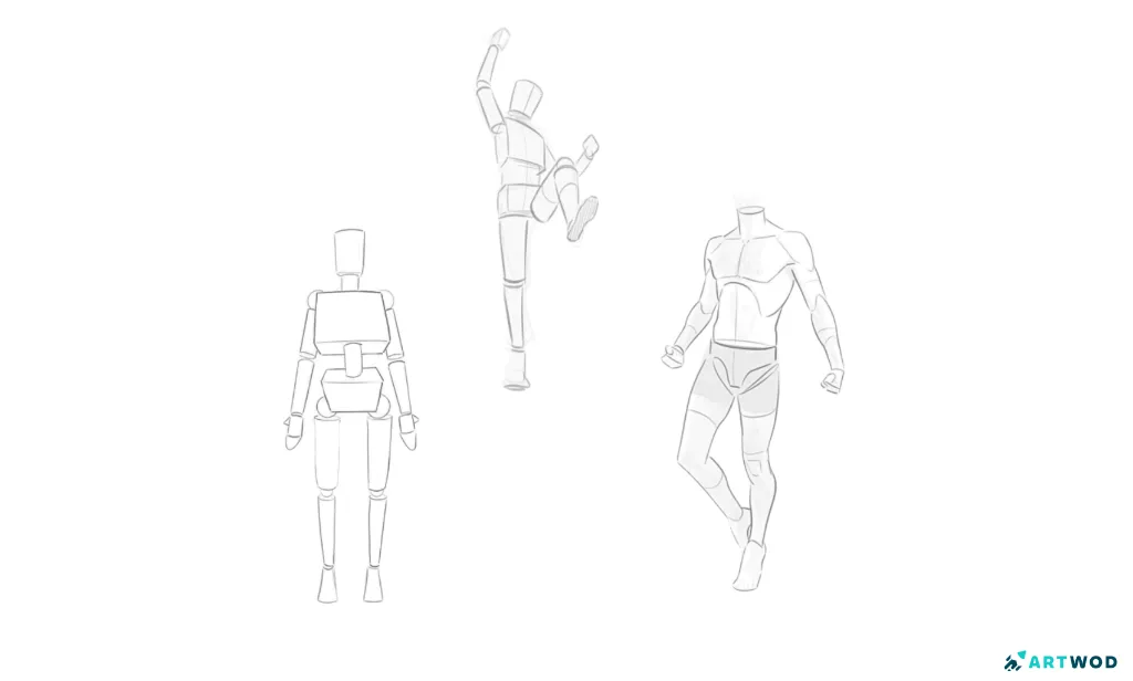 2 figure digital 2d figure sketches: simple mannequin, falling mannequin, walking man