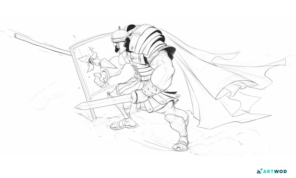 2D drawing of a Roman Warrior by Axel Van NederKkassel. Warrior holding a sword and a shield pierced by a spear. Black pen digital 2d drawing.