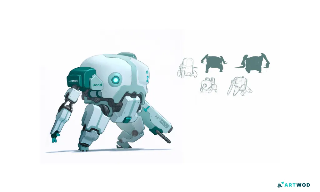 Mech-Design, digitale 2D-Kunst. Auf der linken Seite ein ausgearbeitetes Mech-Design, auf der rechten Seite 5 Silhouetten-Skizzen (2 mit Lineart und 2 mit Tonwerten).