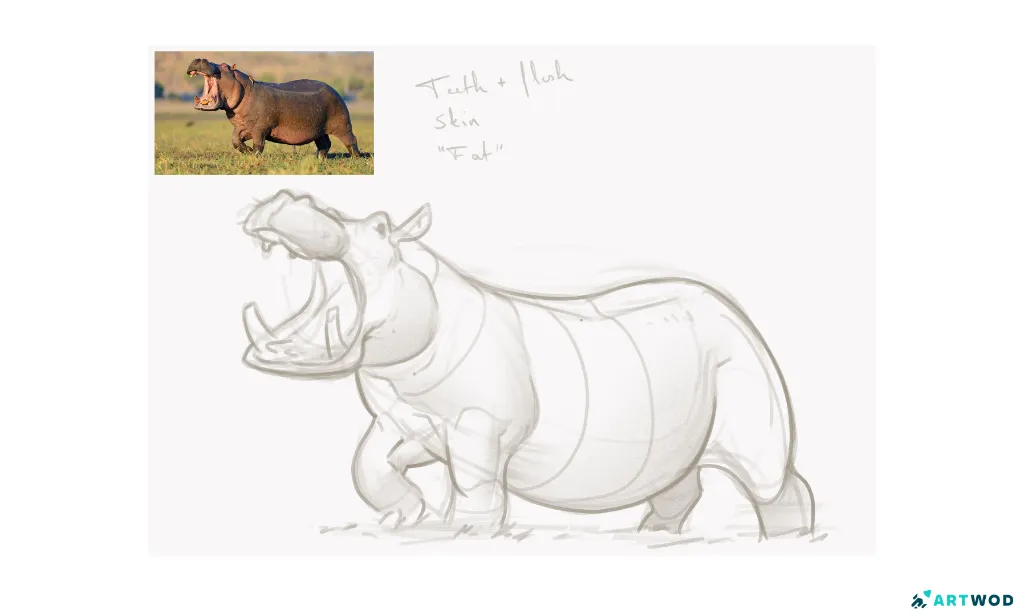 Hippo sketch by Axel Van Nederkassel. Digital 2d art.
