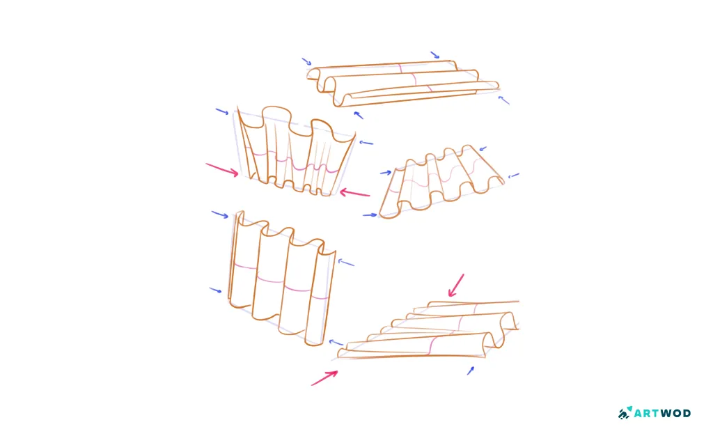 5 sketches of compressed fabric, digital 2d