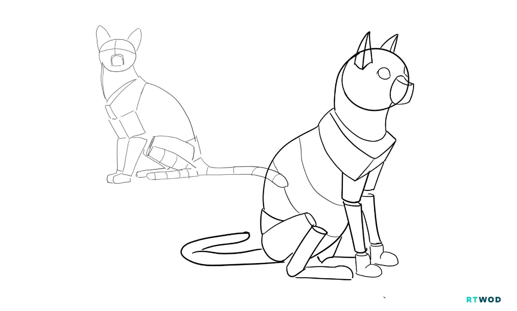 2D Drawing, deconstruction of a cat: cat broken down in simple shapes (the Artwod method)