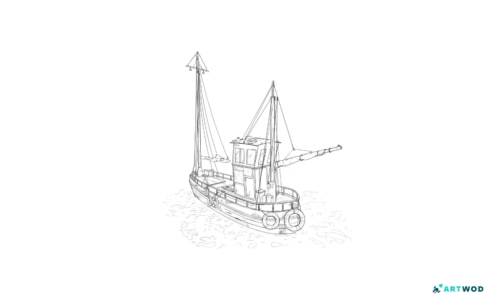 Drawing a boat: black pen 2d digital detailed sketch, boat on the water, water texture.