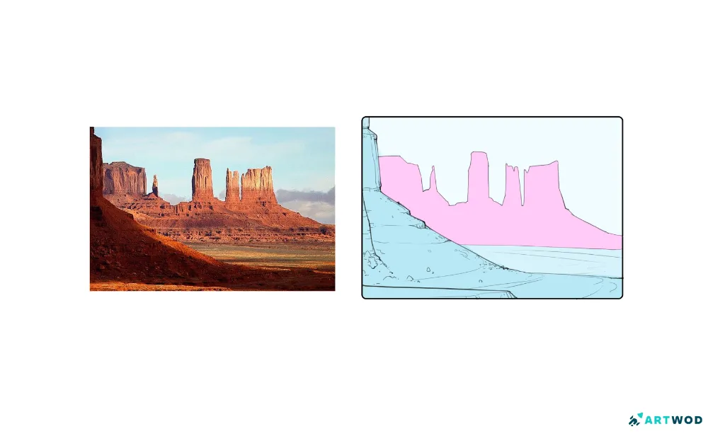 an example of clear division in foreground background and midground, digital 2d drawing