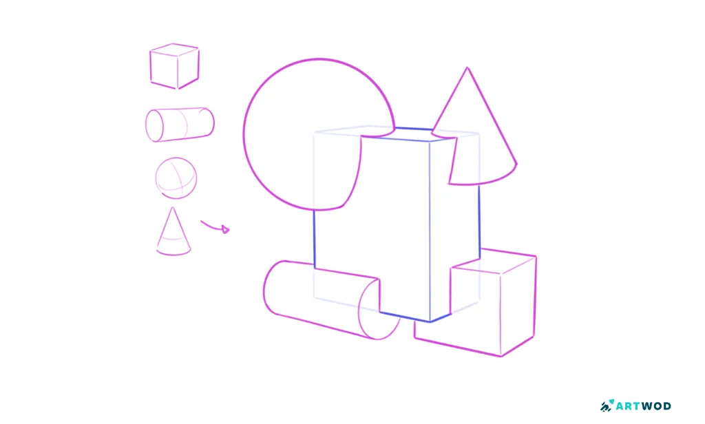 Simple forms arrangement in perspective, digital 2d.