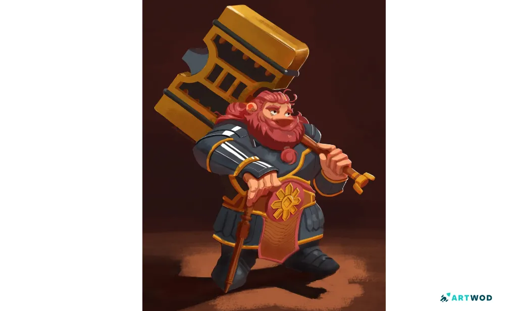 Reviewer paintover of Night Paladin with deeper shadows, ambient occlusion, bounced light and more metallic hammer rendering. Source:&nbsp;https://artwod.com/en/feedback-tool/c/perspective-and-form/6a21413492fe1008e44129aa/night-paladin / reviewer paintover asset.