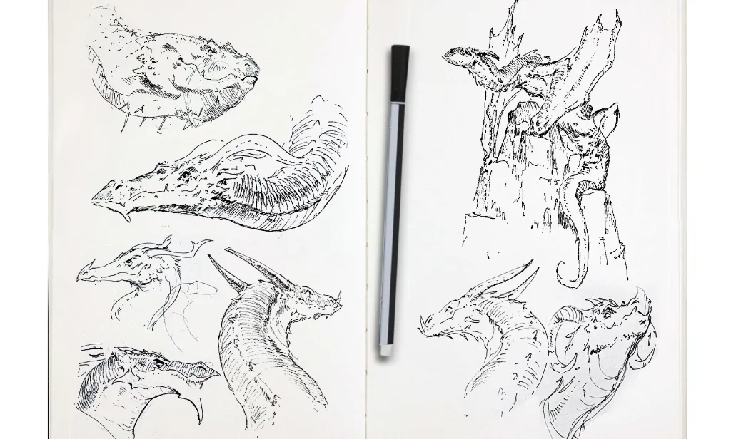 Sketchbook-Seite gefüllt mit Drachen, Drachenköpfe mit schwarzem Stift gezeichnet, traditionelle Kunst von Antonio Stappaerts.