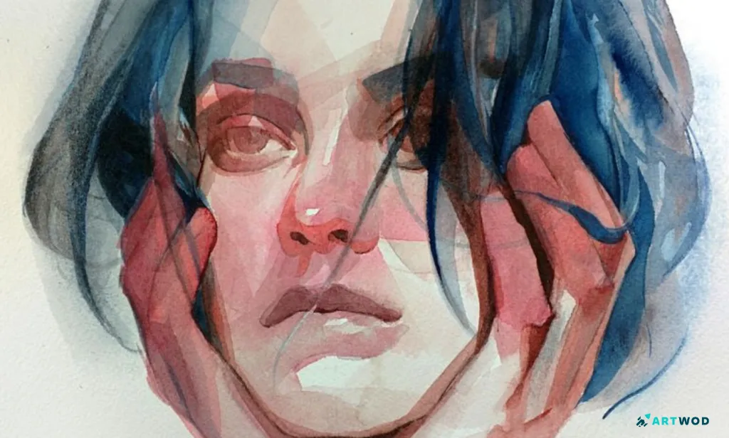 Watercolor painting of a woman. Different colors for different parts of skin.