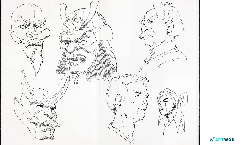 Portrait and mask sketches by Antionio Stapparts. Traditional artwork made with black pen.&nbsp;