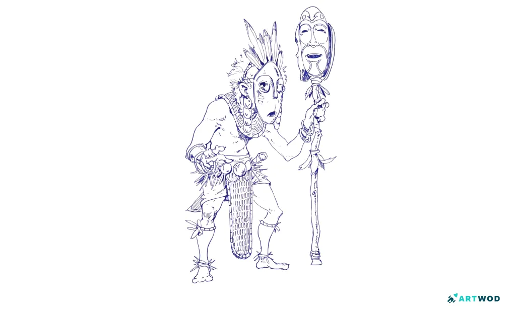 Traditional work by Antonio Stappaerts, tribal man with a mask abd a staff with other masks. Ballpoint pen traditional drawing