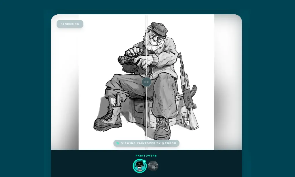 artwod community hub feedback and submission, digtial 2d art, an old man in black and white cleaning his gun, sitting