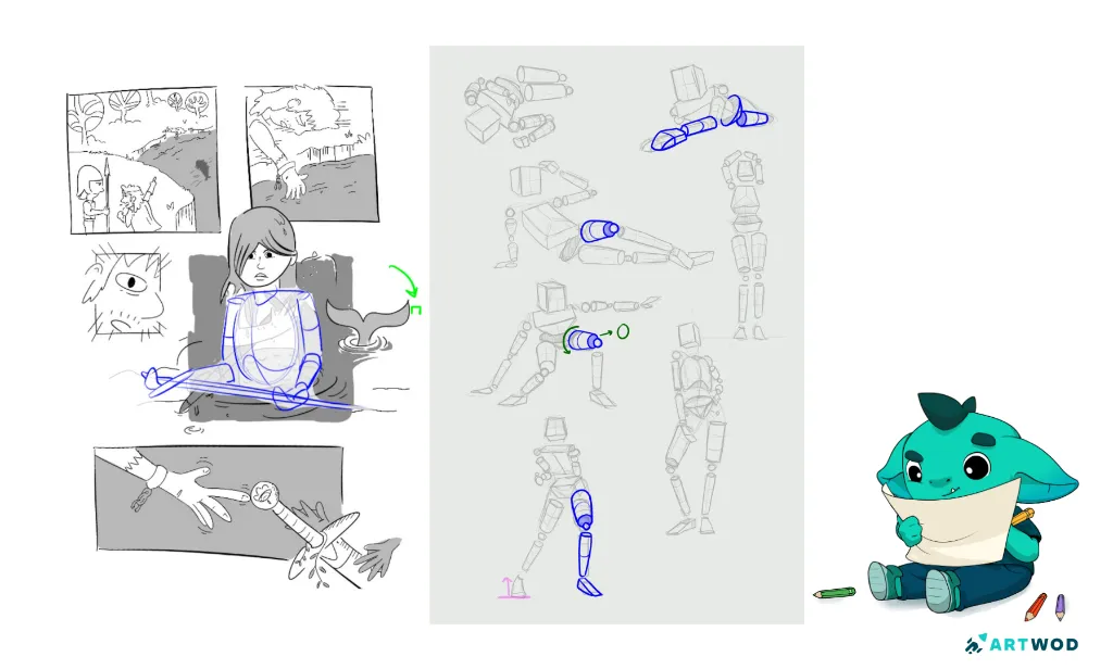 2 Images with Feedback on top of them: first image - a comic page about mermaid adventures, black and white, feedback indicates construction problems
second image - 7 figure mannequins with 3 drawovers indicating construction mistakes
On the right image of Woddy, Artwod Mascot, little green creature drawing with crayons.
