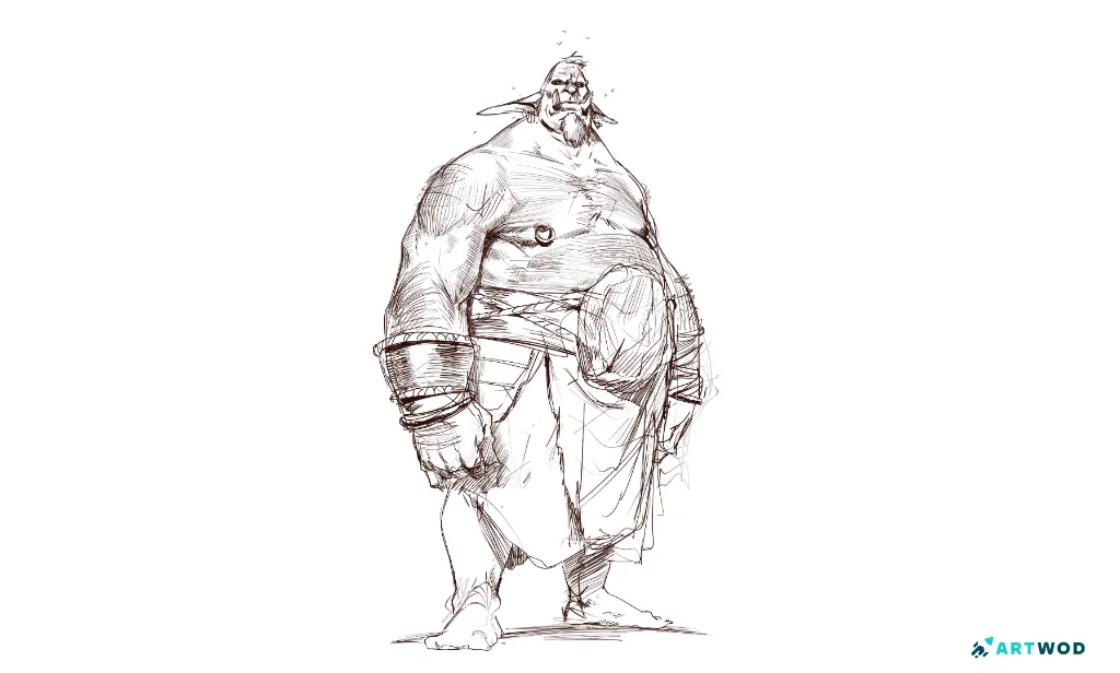 Digital 2d drawing by Antonio Stappaerts, fat goblin made with digital brown pen