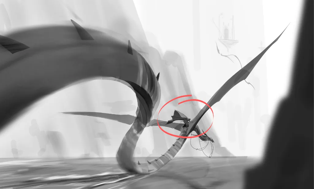 Greyscale 2d artwork, dragon rider. Focal point highlighted
