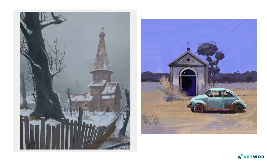 2 digital paintings by Fosco: 1. a wintery scene of a wooden church and a dead tree behind the fence, 2. a colorful car, behind which there's a crypt, trees on the background. Digital 2d painting