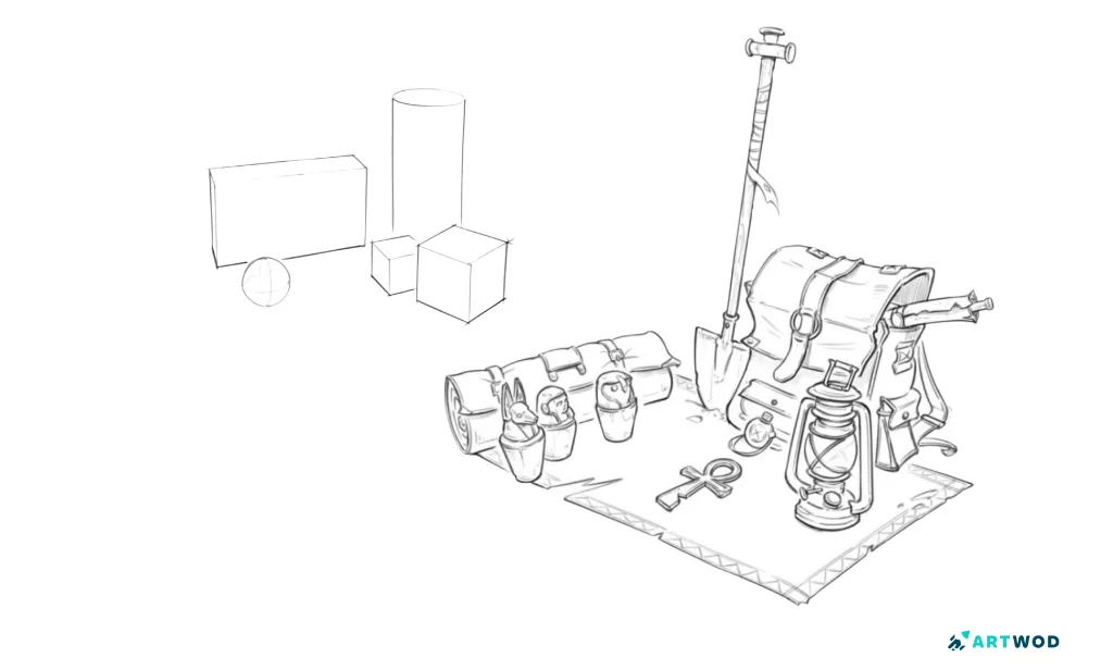 Prop arrangement below the horizon line, digital 2d art.