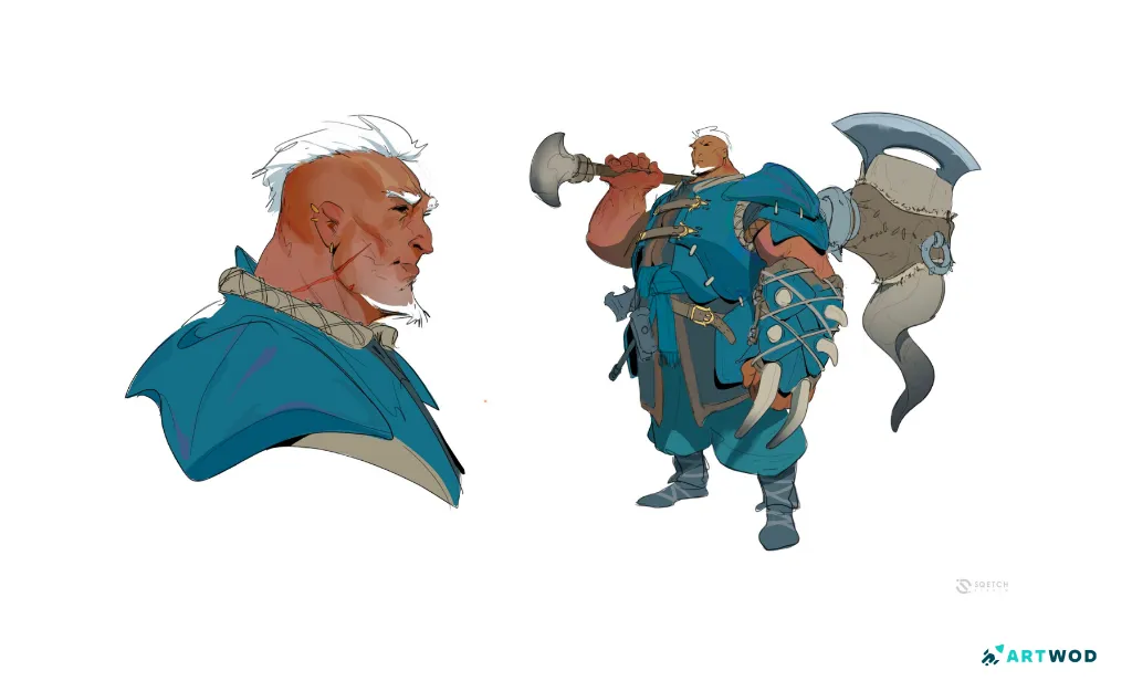 Digital 2d Drawing by Antonio Stapparts, tribal nordic man with giant axe. Blue, brown, purple colors. Concept art, digital 2d art