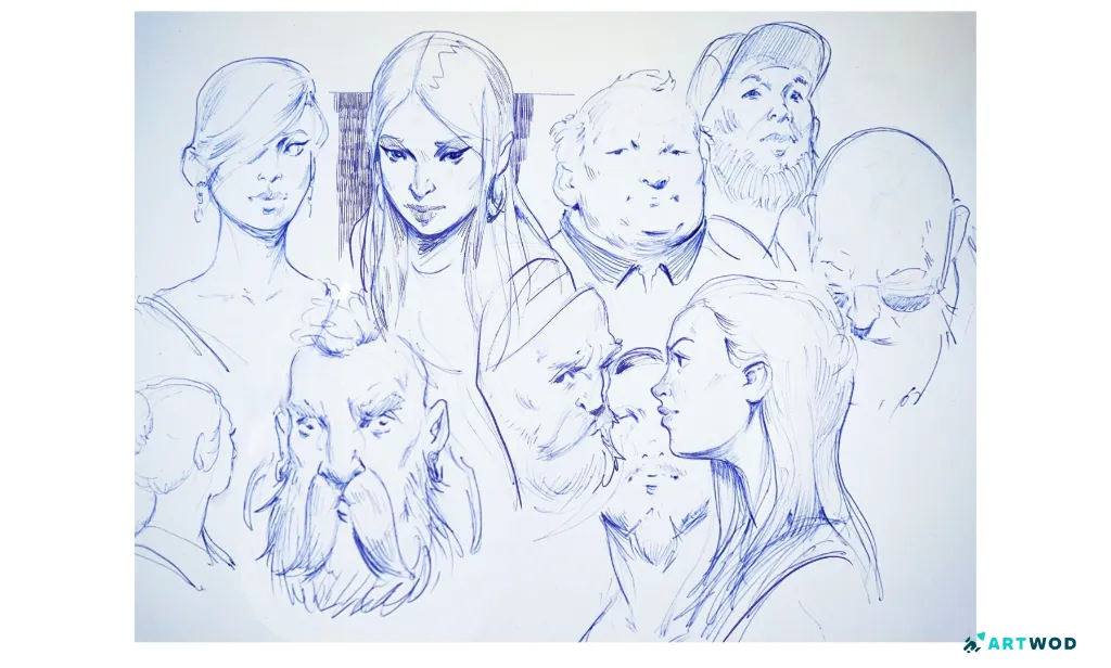 Sketchbook page by Antonio Stappaerts, portraits in ballpoint pen, traditional sketchbook page