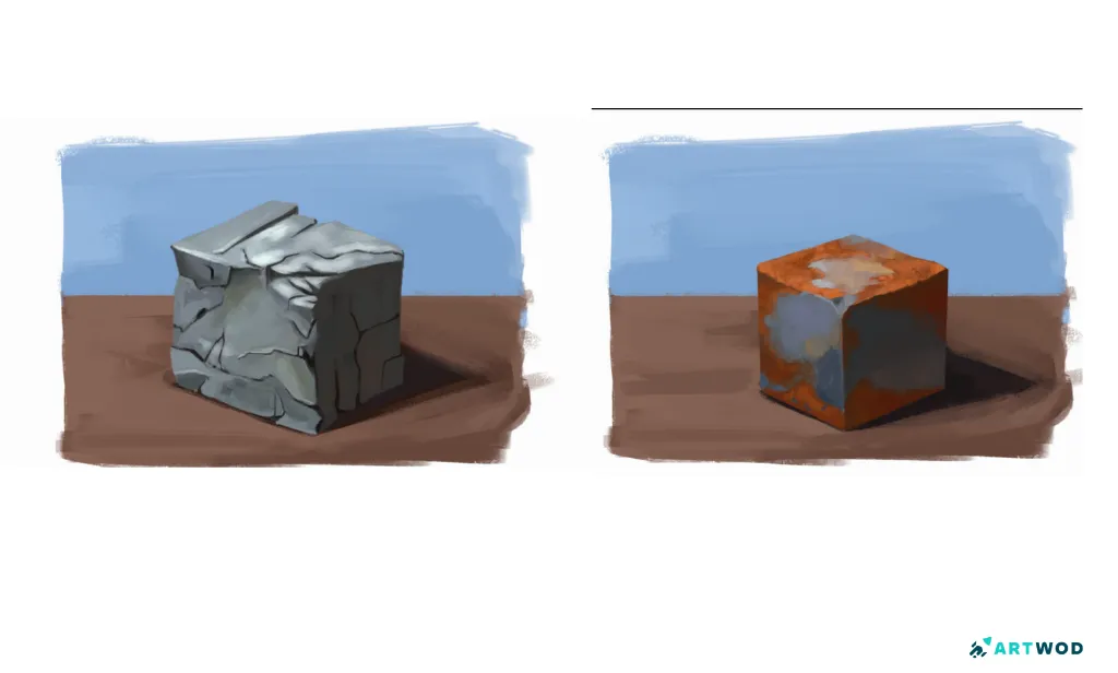 2 digital 2d Metal studies by Jesus Mesa. On the left new metal, on the right rusty metal