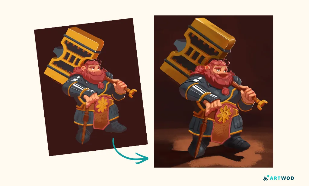 Side-by-side Night Paladin digital art comparison showing the original and a reviewer paintover with stronger lighting and material rendering. Source: compiled from the two Feedback Tool assets.