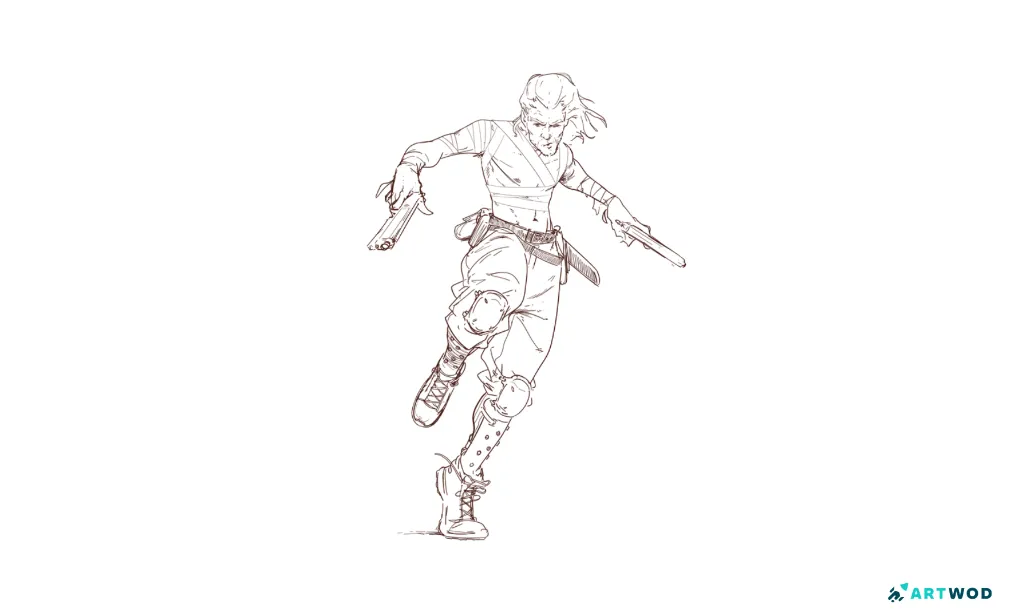Lineart Sketch by Antonio Stapparts, a man with 2 guns, dynamic pose. Digital 2d Art