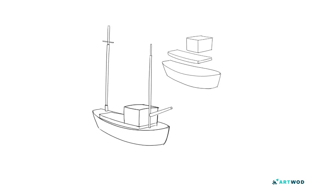 Step 2, drawing a boat, digital 2d pen sketch, boat simple forms breakdown
