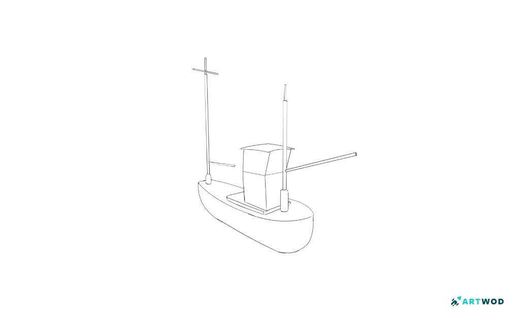 Boat design sketch, simple forms black pen 2d digital drawing