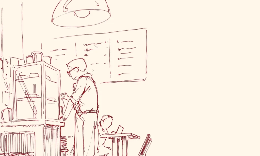 Traditional drawing by Antonio Stappaerts, made in red pen. A man working in a cafeteria.&nbsp;