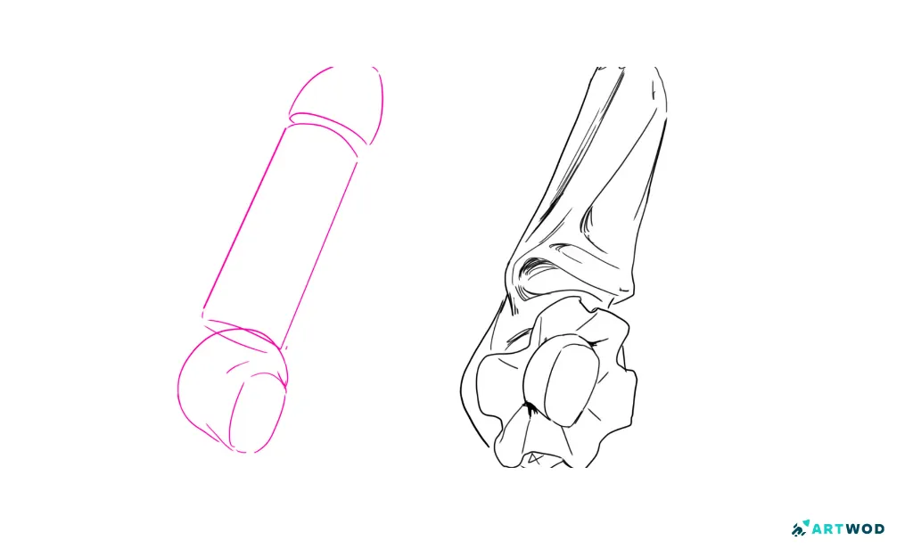 on the right - 2d digital sketch of a sleeve, on the left - bent arm in perspective