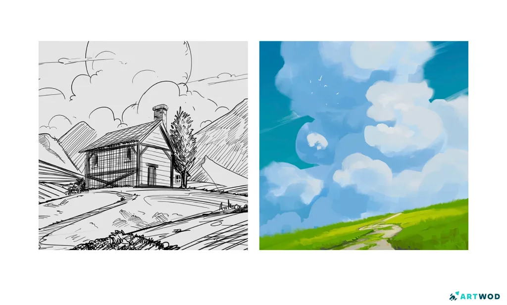 1 environment drawing and 1 environment painting. A drawing of a house on top of the hills with a road leading to it made with black pen (2d digital art). a painting of a road leading to a skyline with a massive cloud (2d digital painting).