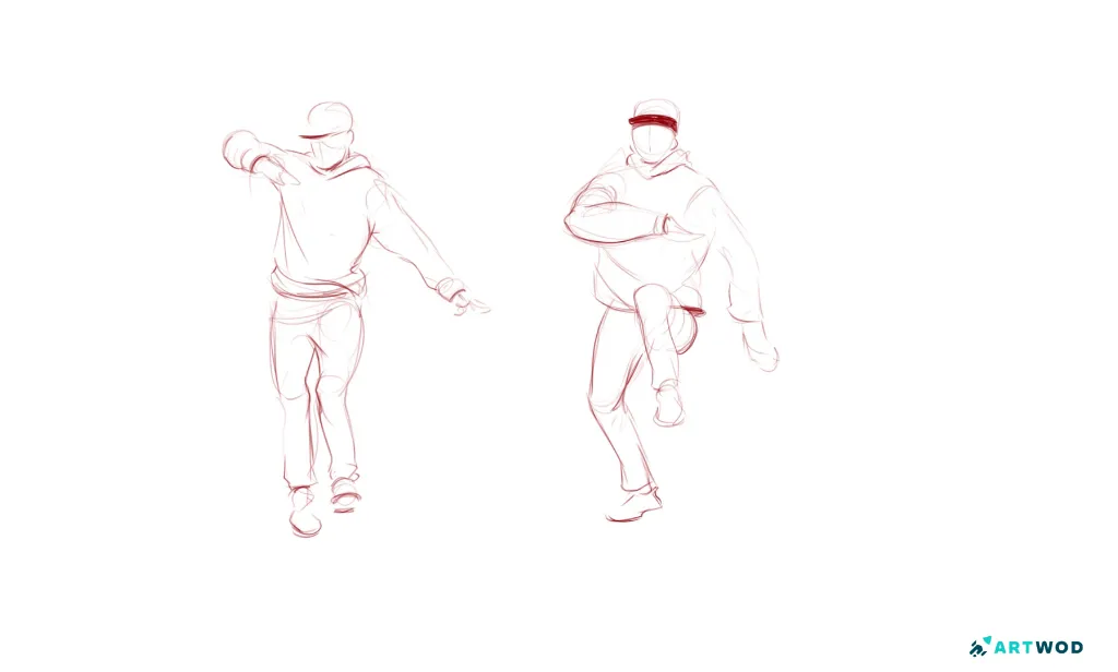 2 three minute drawing of a man dancing a man is wearing a hoodie a cap and skinny jeans