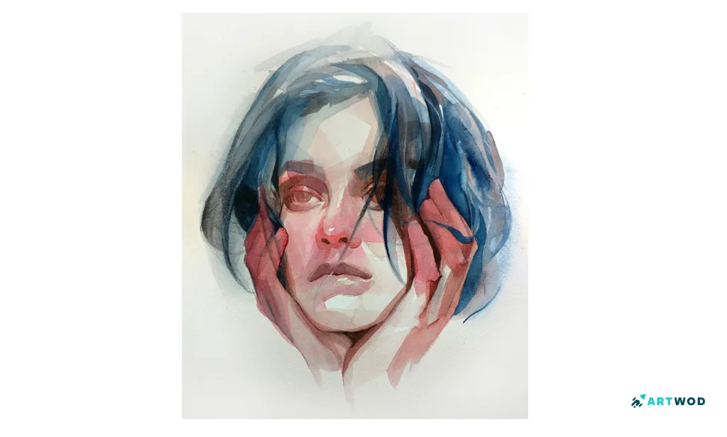 Watercolor portrait of a woman,&nbsp; dark blue hair, red nose and hands, melancolic, traditional