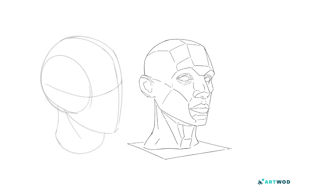 Step 2, How to Draw Faces: Loomis head for proporions and features, and Asaro head for shades