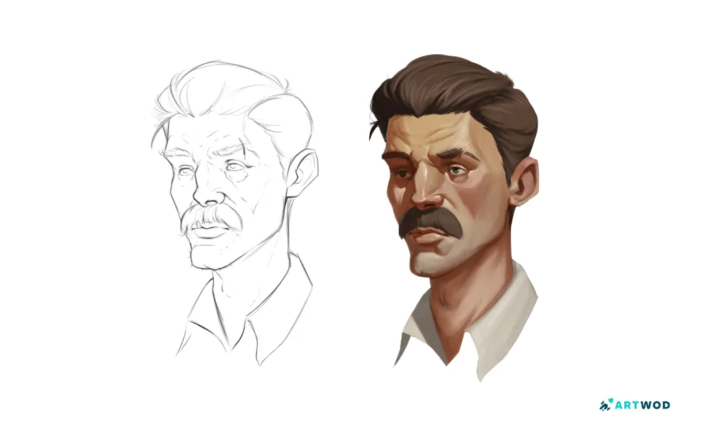 From sketch to final render, digital 2d art, portrait art by Antonio Stappaerts