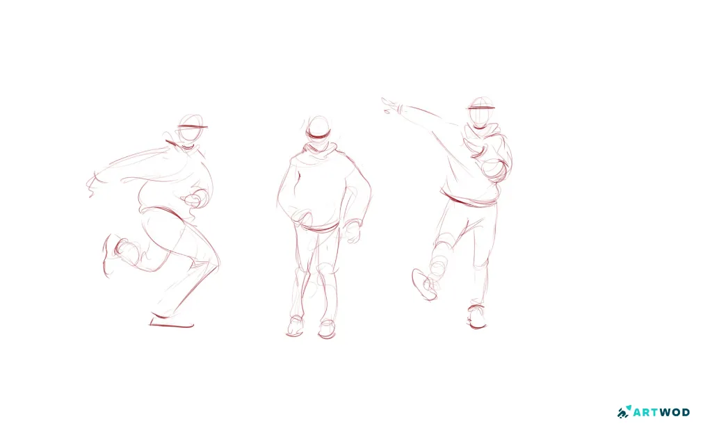 3 one minute drawing of a man dancing a man is wearing a hoodie a cap and skinny jeans